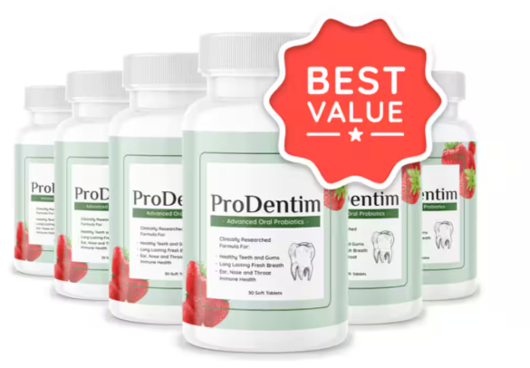 "ProDentim bottle and chewable tablets for oral probiotic support"