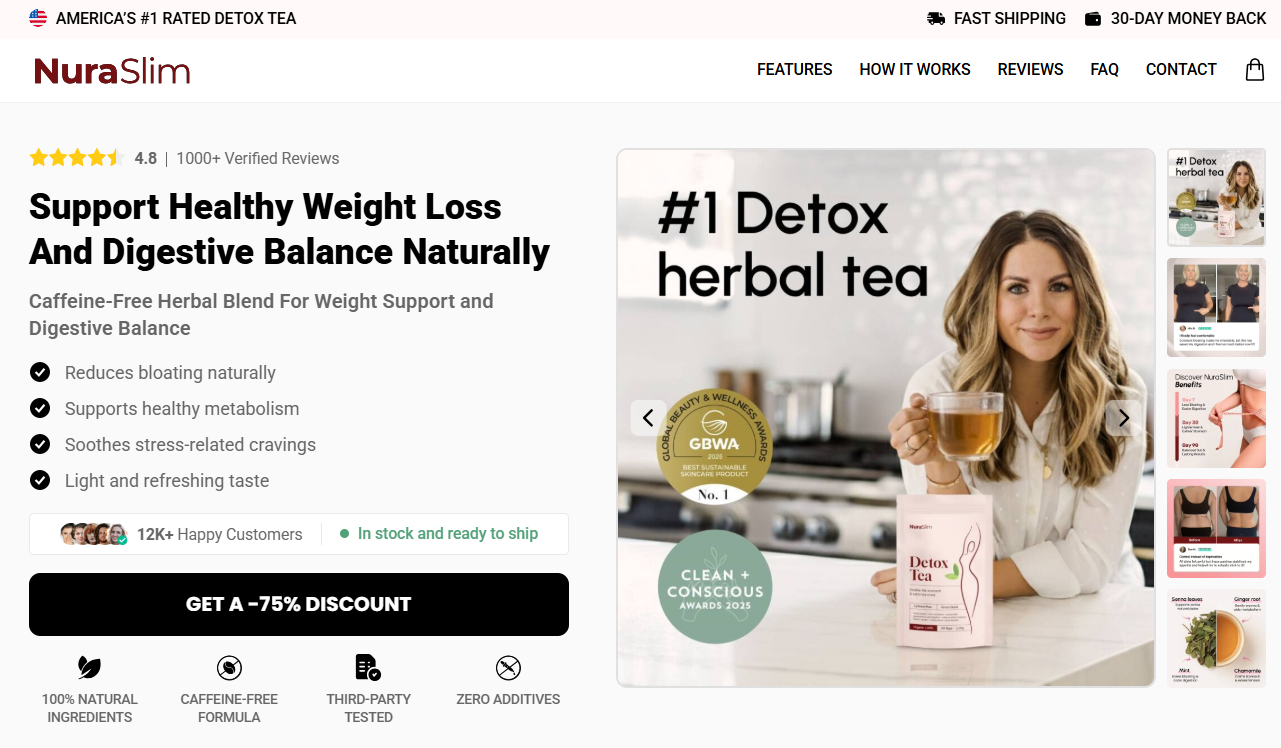 NuraSlim Detox Tea box and cup of herbal tea on a clean background.