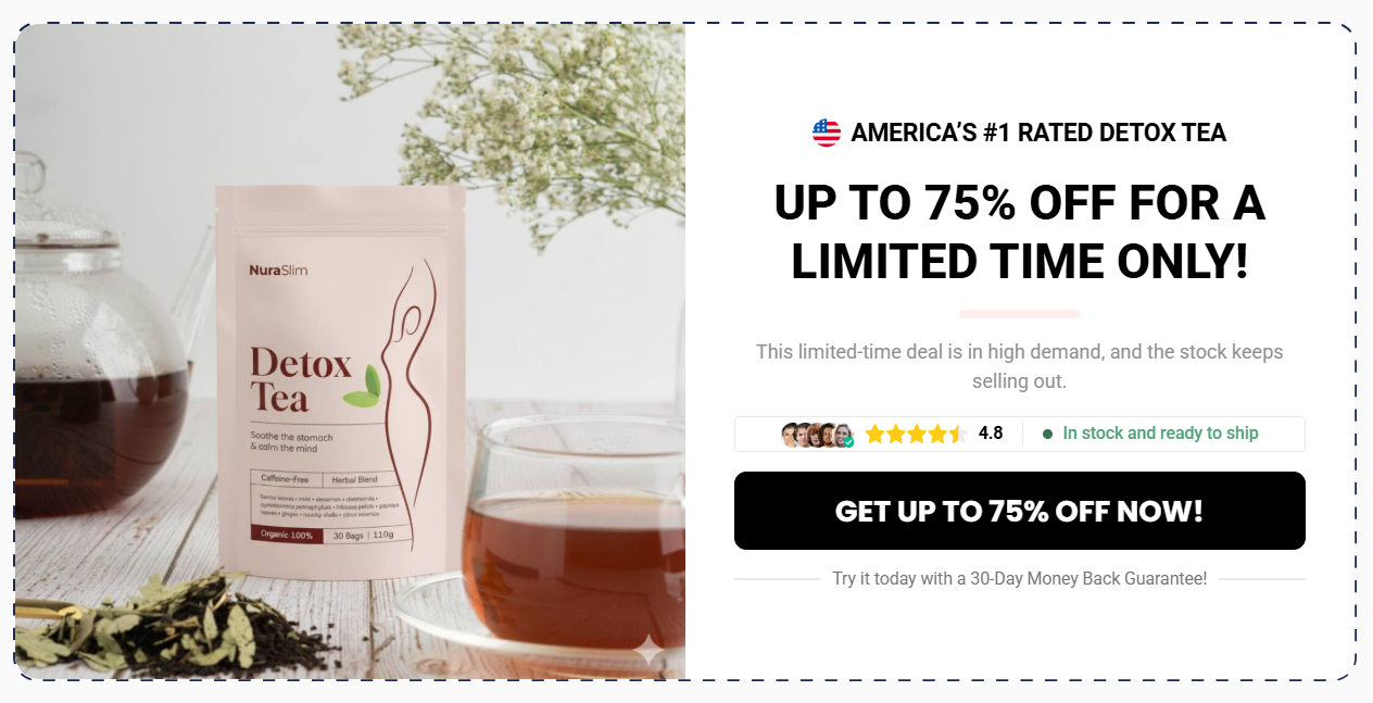 NuraSlim Detox Tea box and cup of herbal tea on a clean background.